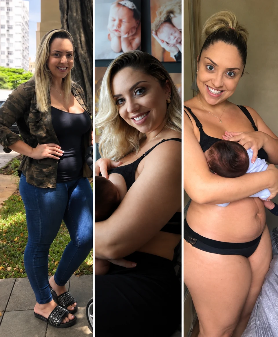 Alessandra Marquiori durante a maternidade, em uma montagem de três fotos